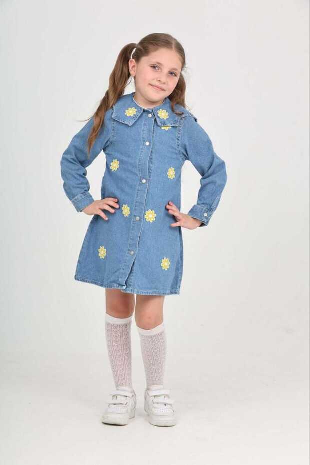 Girls' Denim Dress Floral Applique Long Sleeve Casual Dress