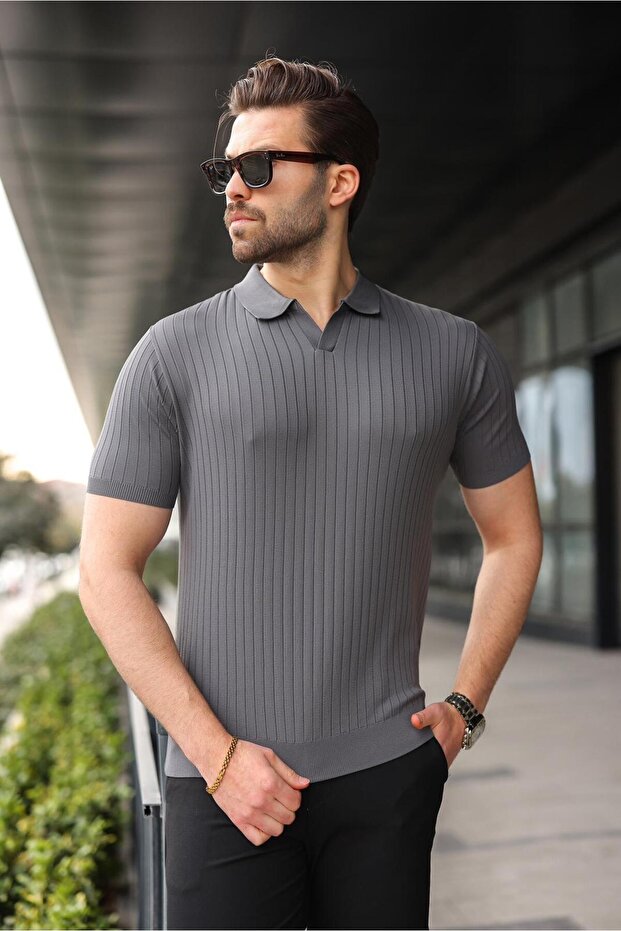 Anthracite Polo Neck Knitwear Men's T-Shirt E7461
