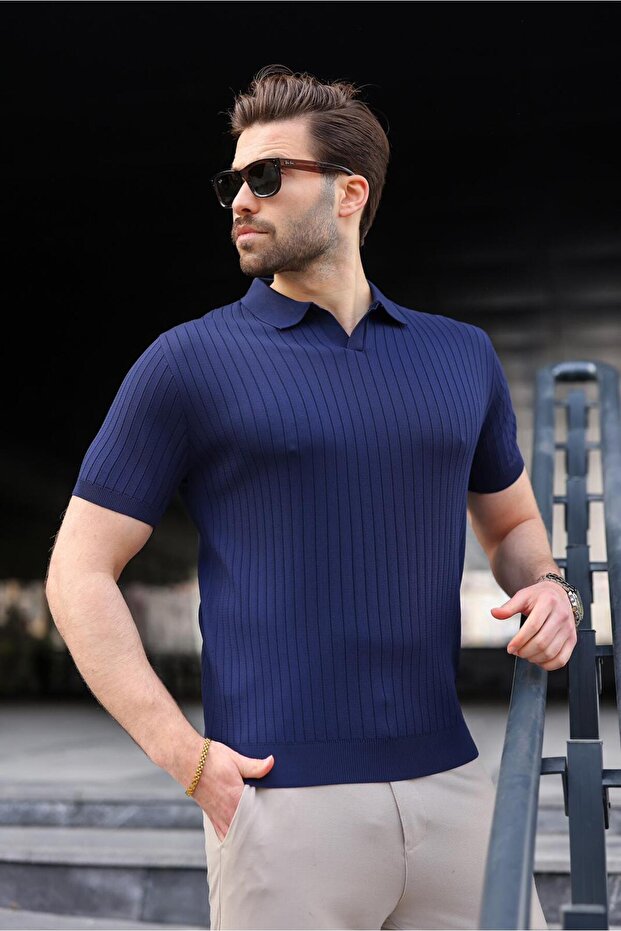 Navy Blue Polo Neck Knitwear Men's T-Shirt E7461