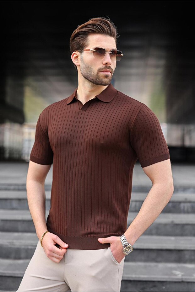 Brown Polo Neck Knitwear Men's T-Shirt E7461
