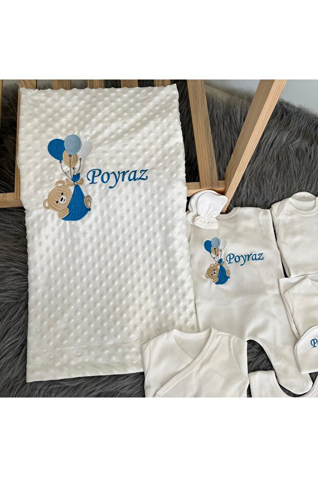 10-Piece Embroidered Chickpea Blanket Hospital Discharge Set with Blue Balloons
