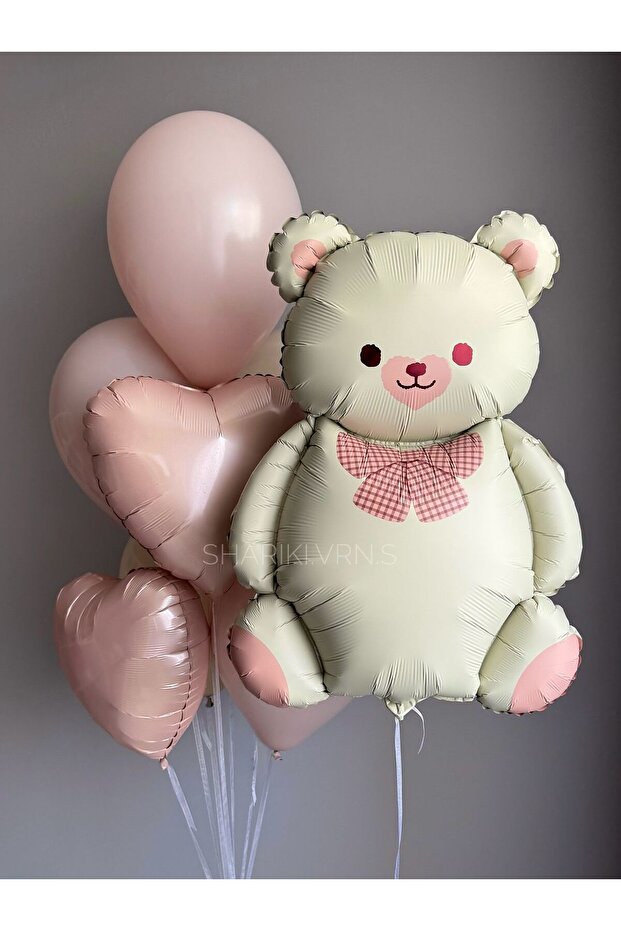 Heart and Pink Cream Bear Foil Balloon Set 11 Pieces