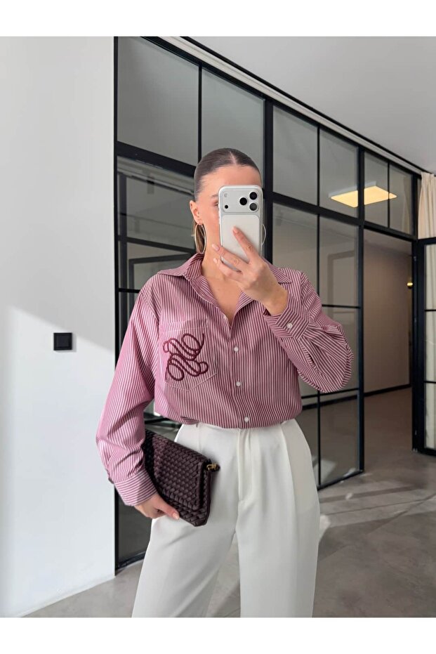 Embroidered Striped Shirt with Cep, Burgundy