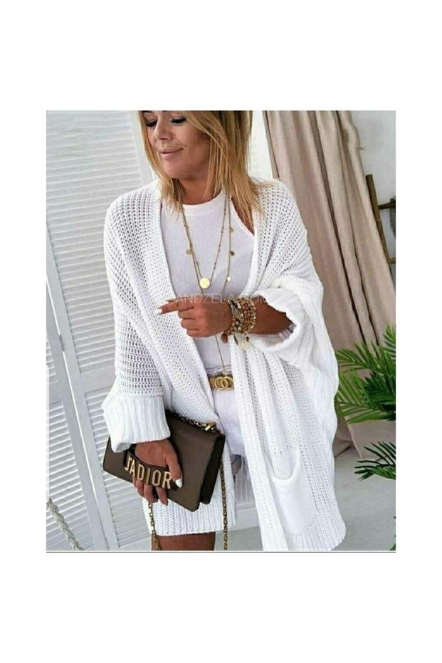 New Season Women's Oversized Pattern Pocket Detailed Casual Women's Knitwear Cardigan 29103