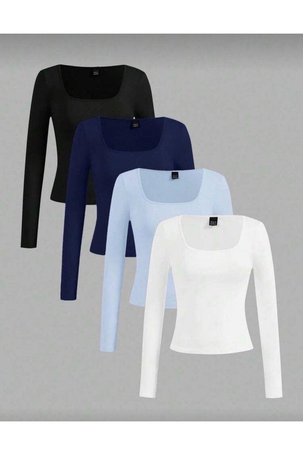 Women's 4-Pack Kaşkorke Corded Fabric Cotton Square Neck Long Sleeve Body-Hugging Crop Blouse