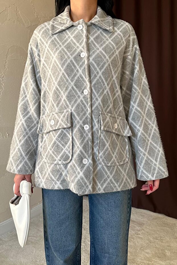 LCO12732 - سترة منقوشة بنقشة البقلاوة باللون الرمادي - 2