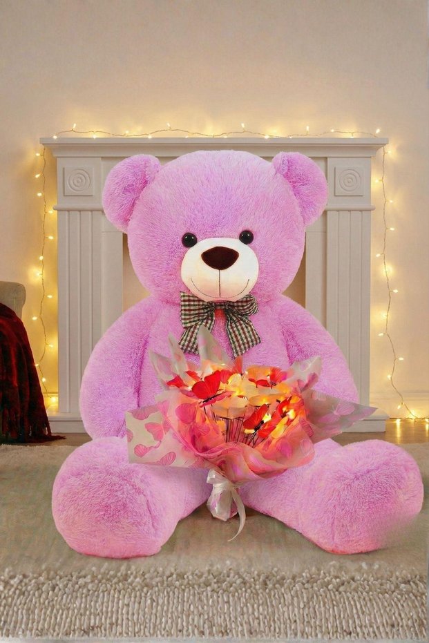 Pink and White Butterfly Bouquet with Led Lights – 25 Butterflies & 90 cm Large Plush Bear | Oze for Valentine's Day