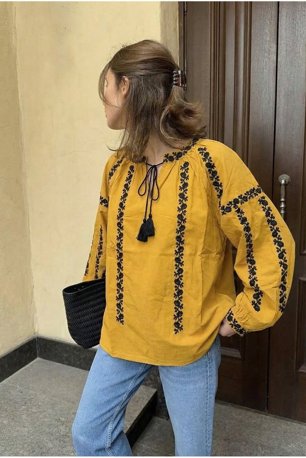 Women's Mustard Oversized Balloon Sleeve Embroidered Wide Fit Cotton Blouse with Tassels at the Neck