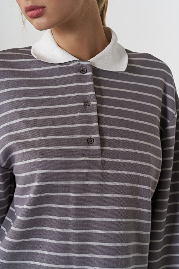 Polo Yaka Çizgili Basic Tshirt - 3