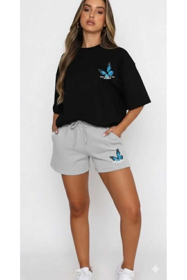 Team T-Shirt Shorts Blue Butterfly Printed Women / Girls