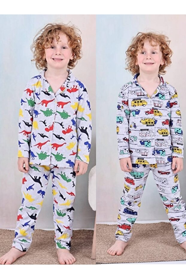 Set of 2 Buttoned Suits with Car and Dinosaur Patterns