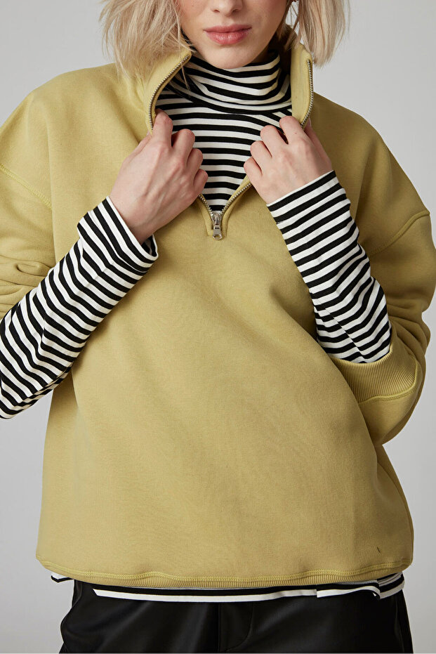 Fermuarlı Dik Yaka Oversize Sweatshirt - 3