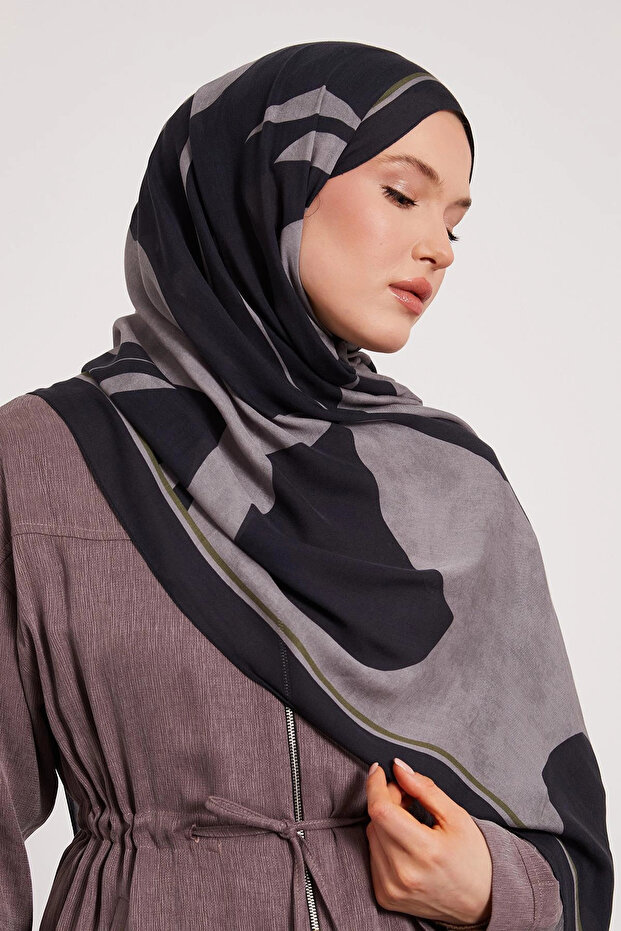 شال حريري منقوش - أسود رصاصي - 2
