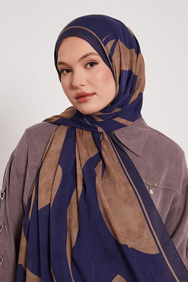 شال حريري منقوش - أزرق ليلي - 3