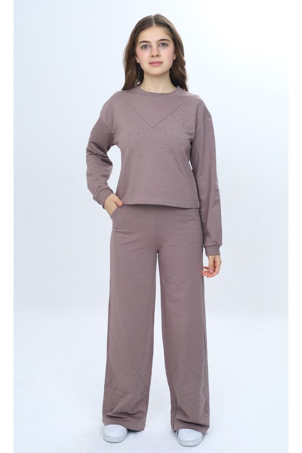 Girl's 2-Piece Set Stone Embroidered Crew Neck Sweatshirt & Wide Leg Pants with Elastic Waist and Pockets