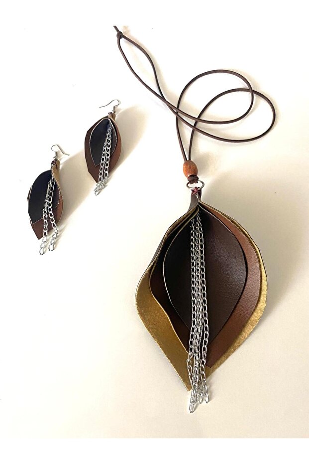 Bohemian Authentic Three Leaf Faux Leather Chain Suede Rope Necklace, Earring Style