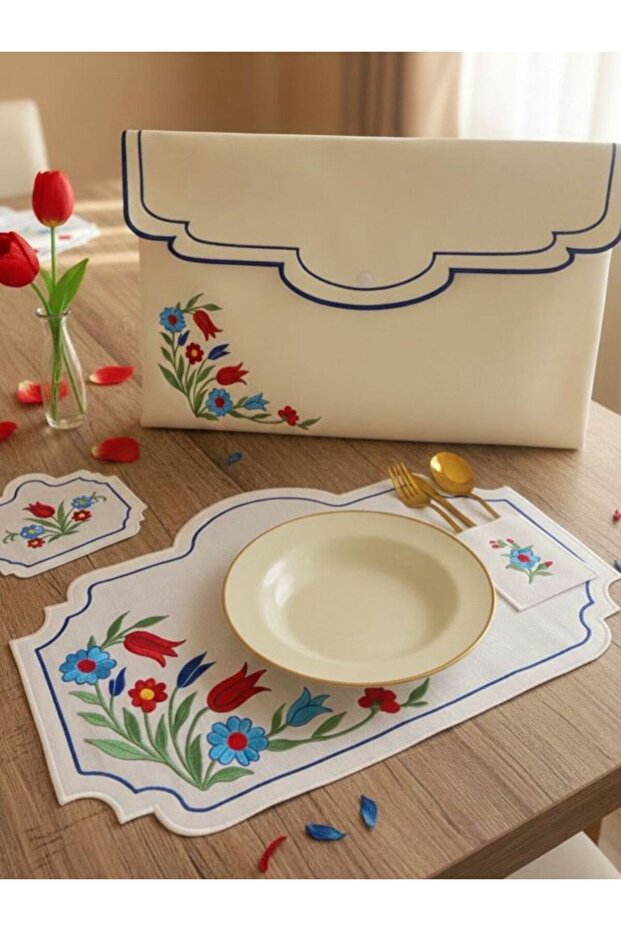 Iznik Ceramic Tulip Motif 6 Person 12 Piece American Dinnerware Set with Bag