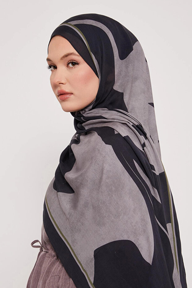 شال حريري منقوش - أسود رصاصي - 3