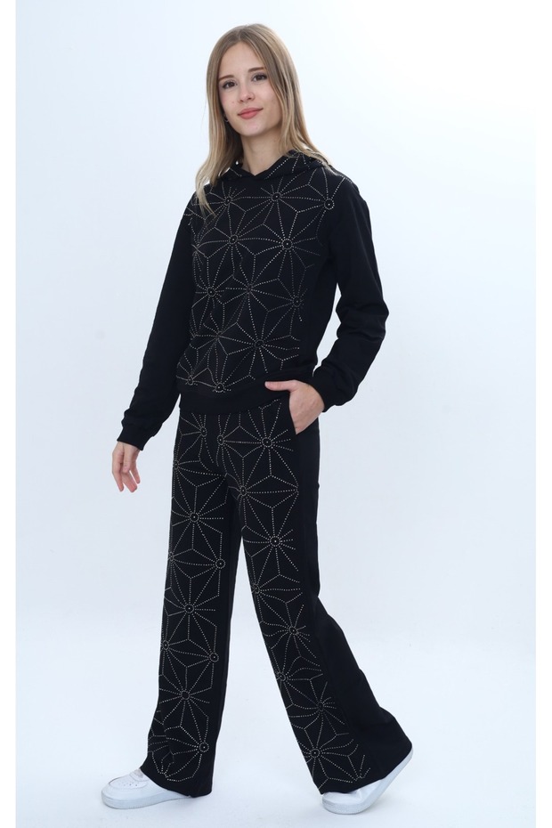 Girl's 2-Piece Set Stone Embroidered K Hooded Sweatshirt & Elastic Waist Wide Leg Sweatpants with Pockets