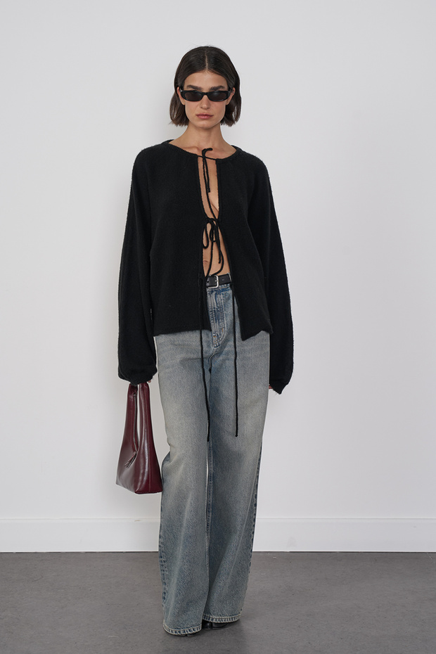 Balloon Sleeve Lace-Up Cardigan