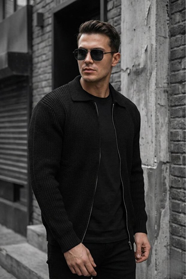 Mams Men's Slim Fit Zip Polo Neck Ribbed Knit Cardigan