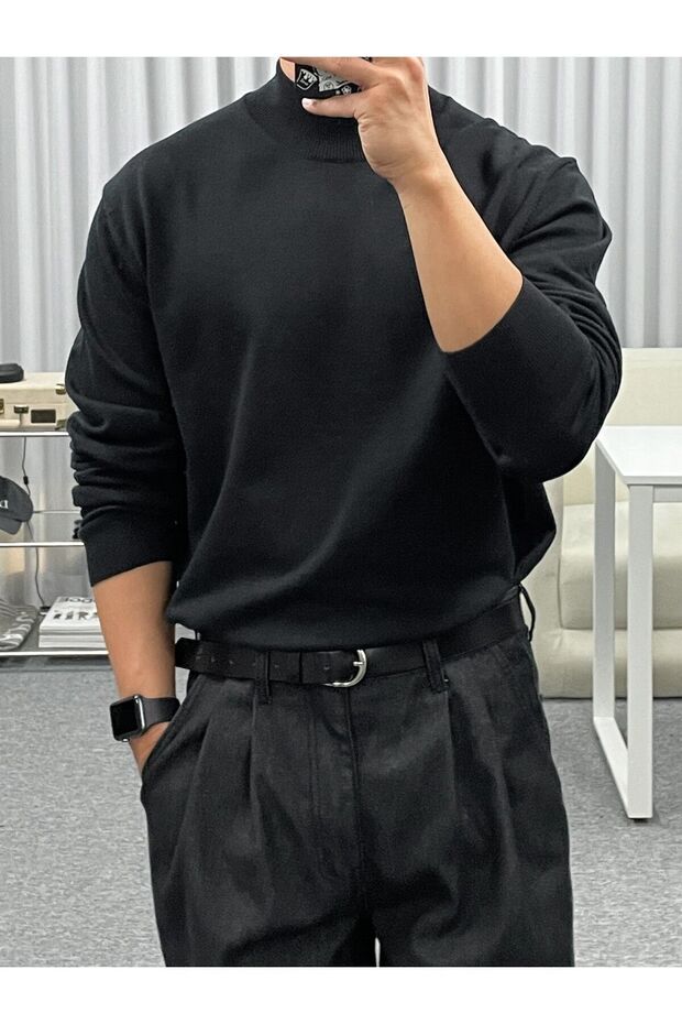 Men's Slim Fit Half Turtleneck Acrylic-Cotton Blended Basic Knitwear Sweater