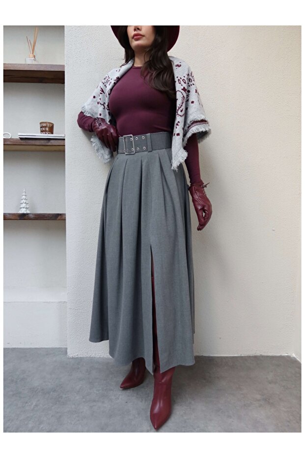Belted High Waist Pleated Skirt