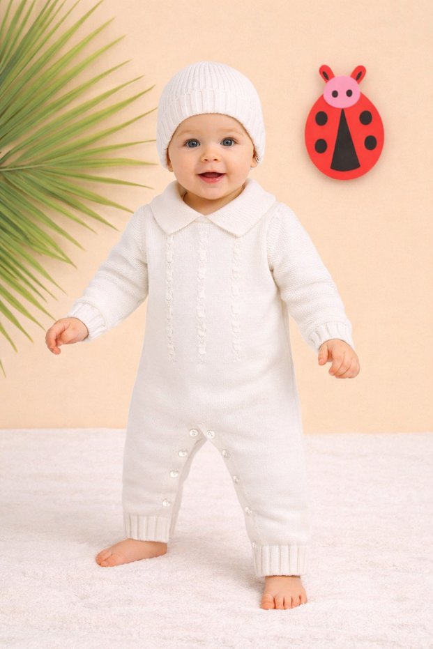 Baby Knitwear Jumpsuit Winter Soft Textured Buttoned Hat Baby Jumpsuit for Boys & Girls