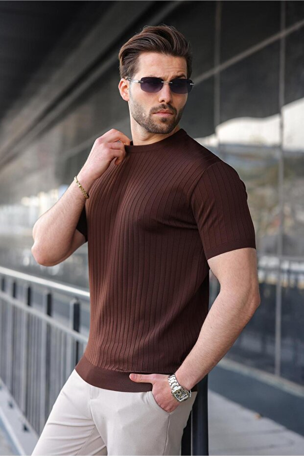 Brown Crew Neck Knitwear Men's T-Shirt E7460