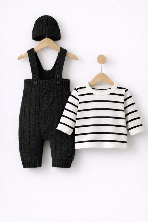 Baby Boy 3-Piece Knitwear Holiday Set Knitwear Sweater and Beret Salopet Jumpsuit Set