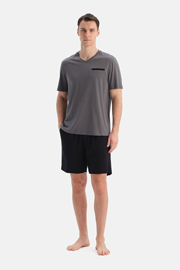 Dark Gray Short Sleeve V-Neck Cotton Modal T-Shirt Shorts Set