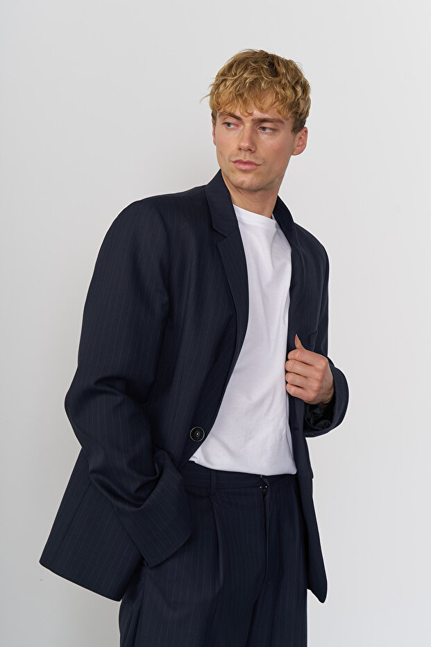 Çizgili Tek Düğmeli Ceket - 1