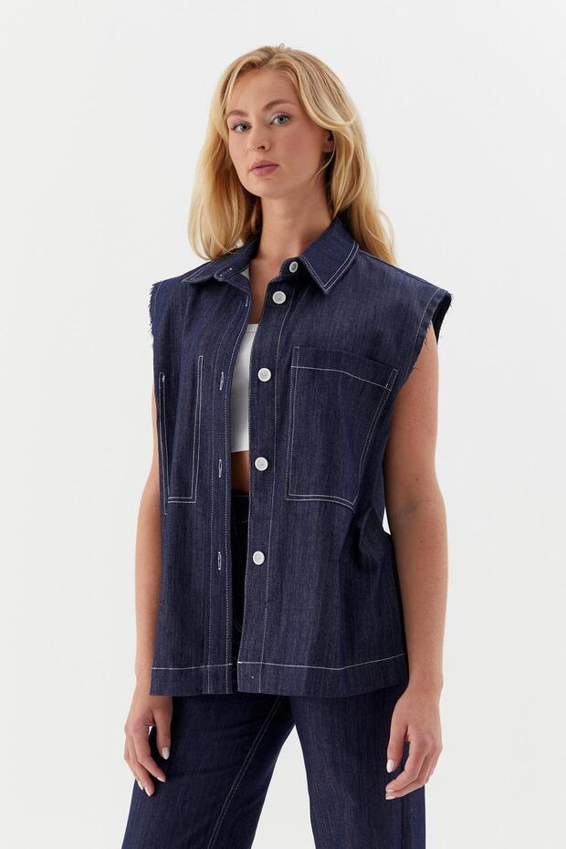 Ornamental Pocket Stitched Slim Vest Indigo