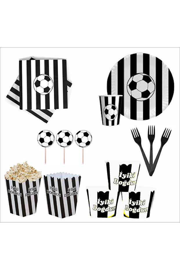 Fan-Shaped Black and White 8 Plates, 8 Cups, 8 Corn Boxes, 10 Napkins, 10 Forks, 10 Toothpicks, 8 Cupcakes
