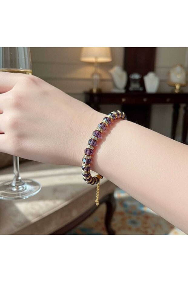 Purple Beaded Stone Detailed Adjustable Women's Bracelet – Stylish and Elegant Design