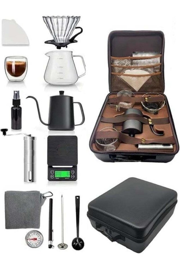 12-Piece Coffee Set – 600ml Stainless Steel Kettle, Glass Server, Dripper, Mug, Manual Grin