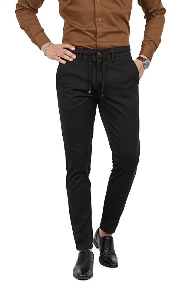Men's Black Stretch Fabric Slim Fit Stylish Fabric Trousers with Elastic Waist & Drawstring 2600572