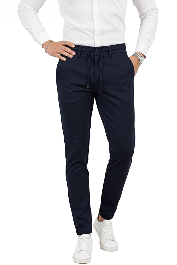 Men's Navy Blue Stretch Fabric Slim Fit Stylish Fabric Trousers with Elastic Waist & Drawstring 2600572