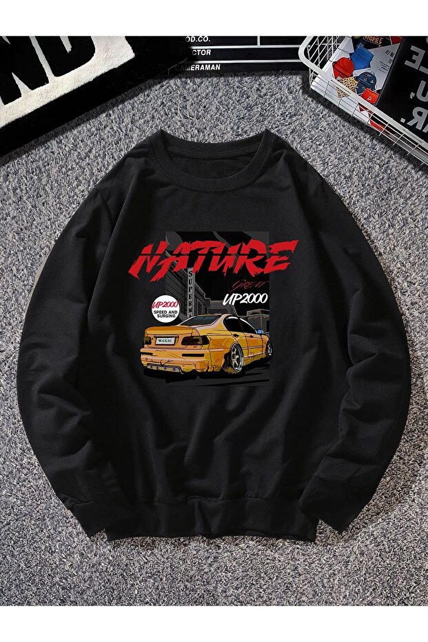 Nature Yellow Car Printed Men's Winter Sweatshirt Black