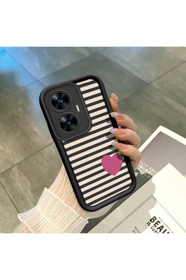 Realme C55 Compatible Black Silicone Heart Pattern Lens Protection Shock Absorbing Flexible Case