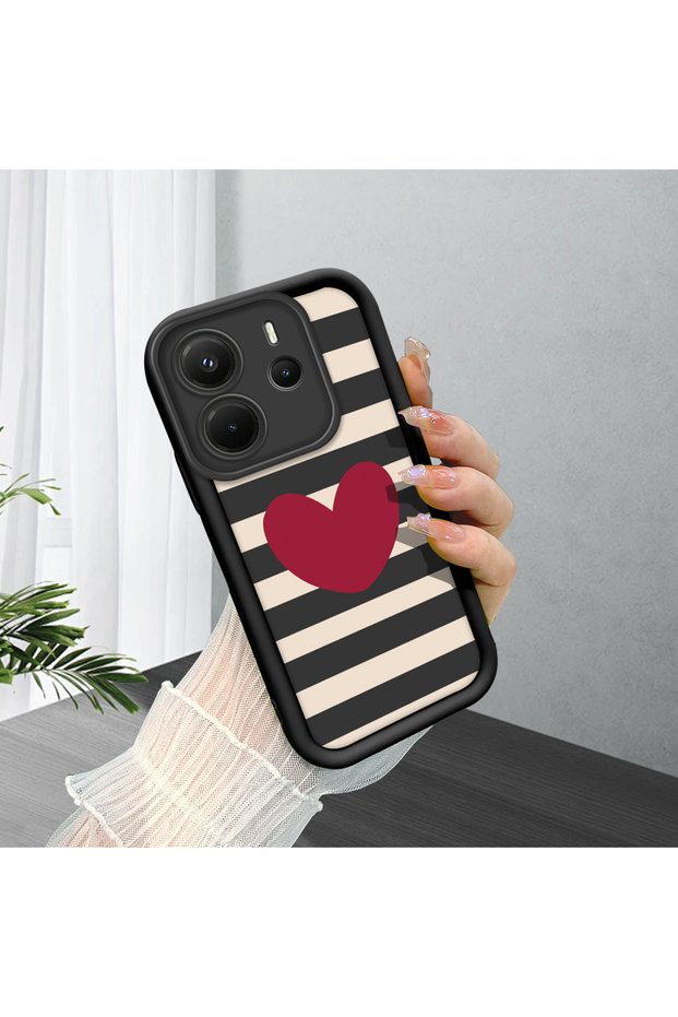 Xiaomi Redmi Note 14 Compatible Black Silicone Heart Pattern Lens Protection Shock Absorbing Flexible Case
