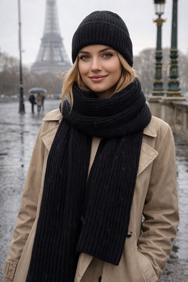Black Lux Wool Corded Fabric Knitted Scarf and Beanie Set of 2 45X210 cm
