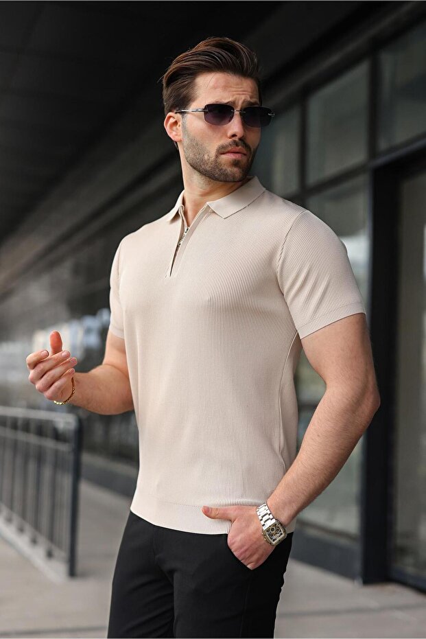 Stone Color Half Zipper Polo Neck Knitwear Men's T-Shirt E7459
