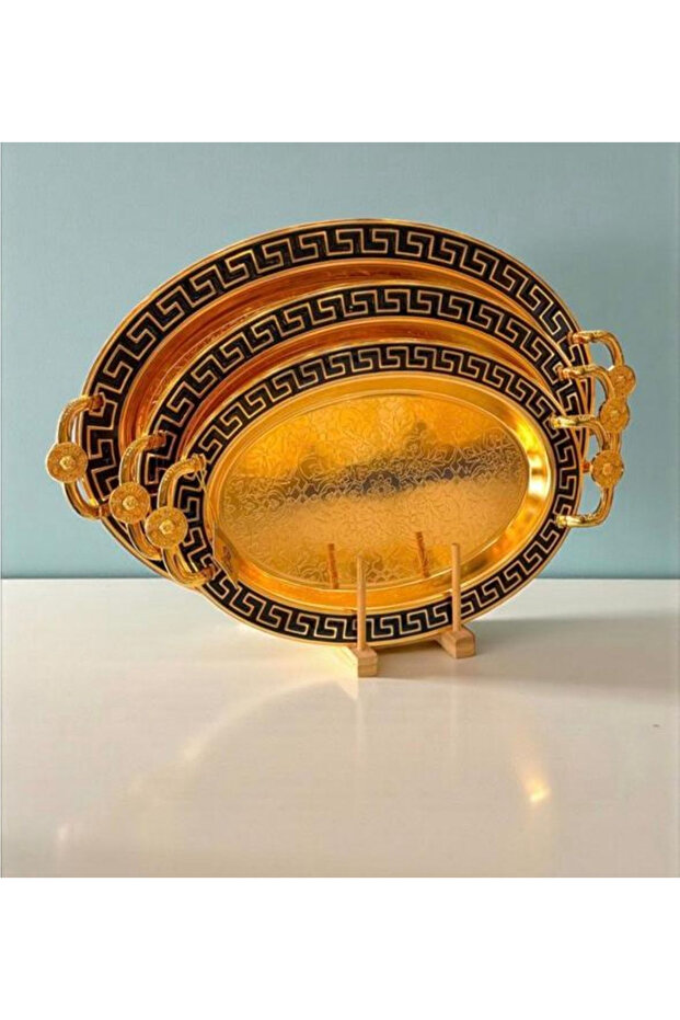 3lü çelik sofra tepsi gold renk - 1