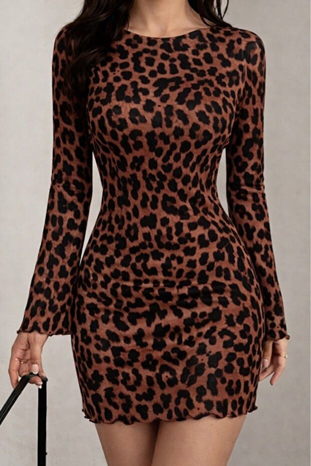 Women's Long Sleeve Crew Neck Leopard Print Diver Mini Dress