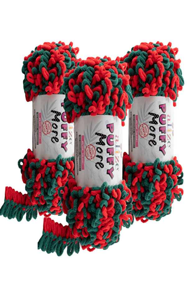 Puffy More Hand Knitting Yarn 3 Pieces – 6292- Green/Red– 150 Gr. 11.5 Meters. – Blanket, Scarf, Vest