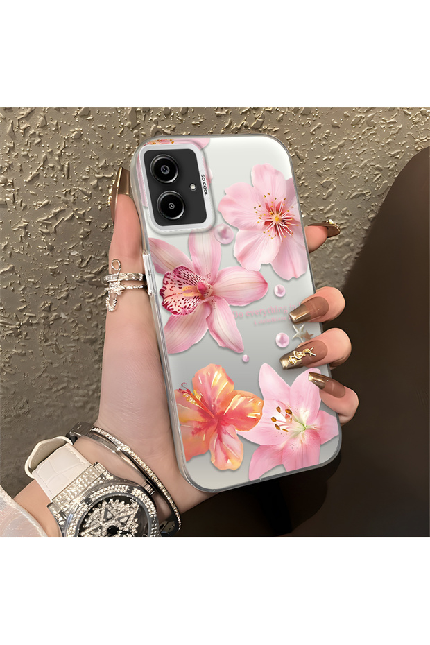 Samsung Galaxy A06 Compatible Floral Pattern Matte Glossy Surface Impact Protection Colorful Silver Case