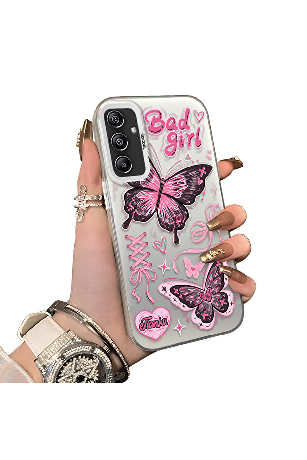 Samsung Galaxy A24 Compatible Colorful Silver Matte Glossy Surface Impact Protection Case with Butterfly Pattern