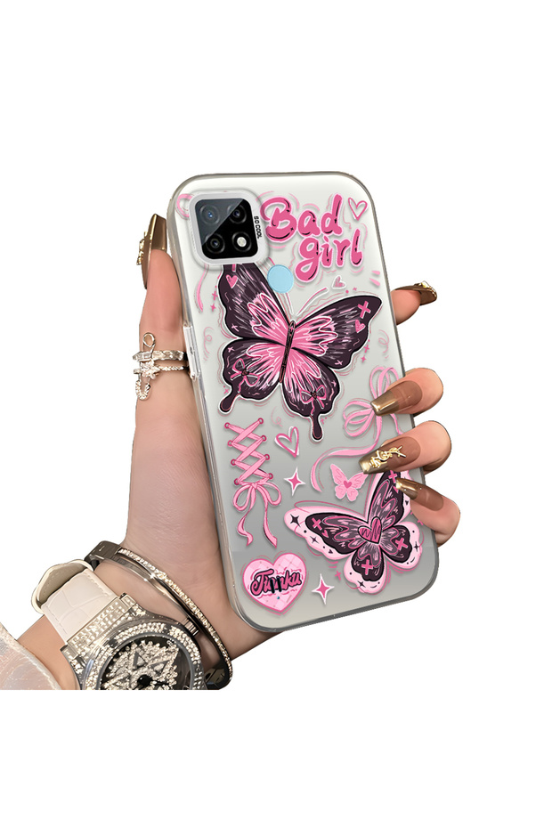 Realme C21 Compatible Colorful Silver Matte Glossy Surface Impact Protection Case with Butterfly Pattern