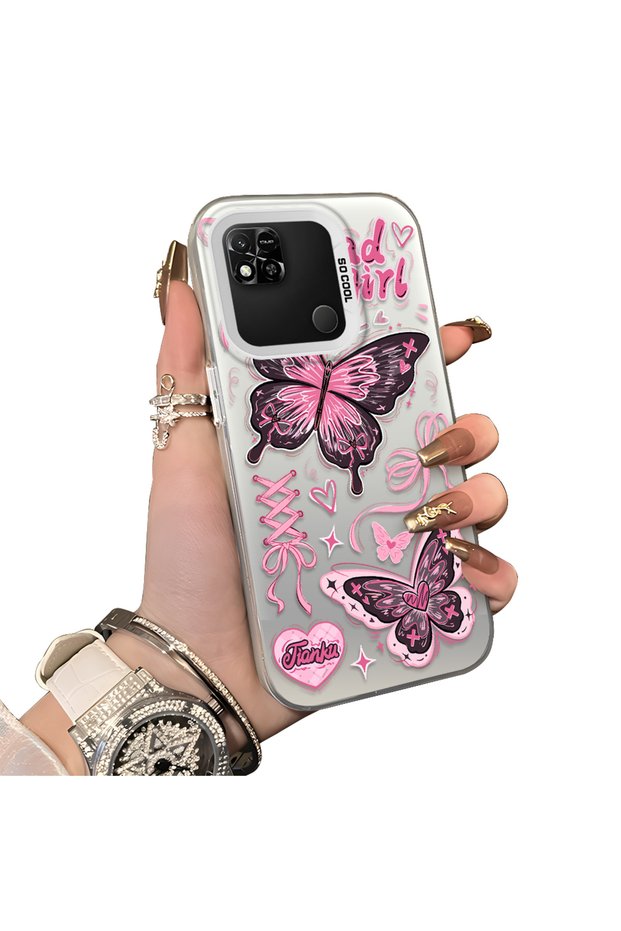 Xiaomi Redmi 9C Compatible Colorful Silver Matte Shiny Surface Impact Protection Case Butterfly Pattern